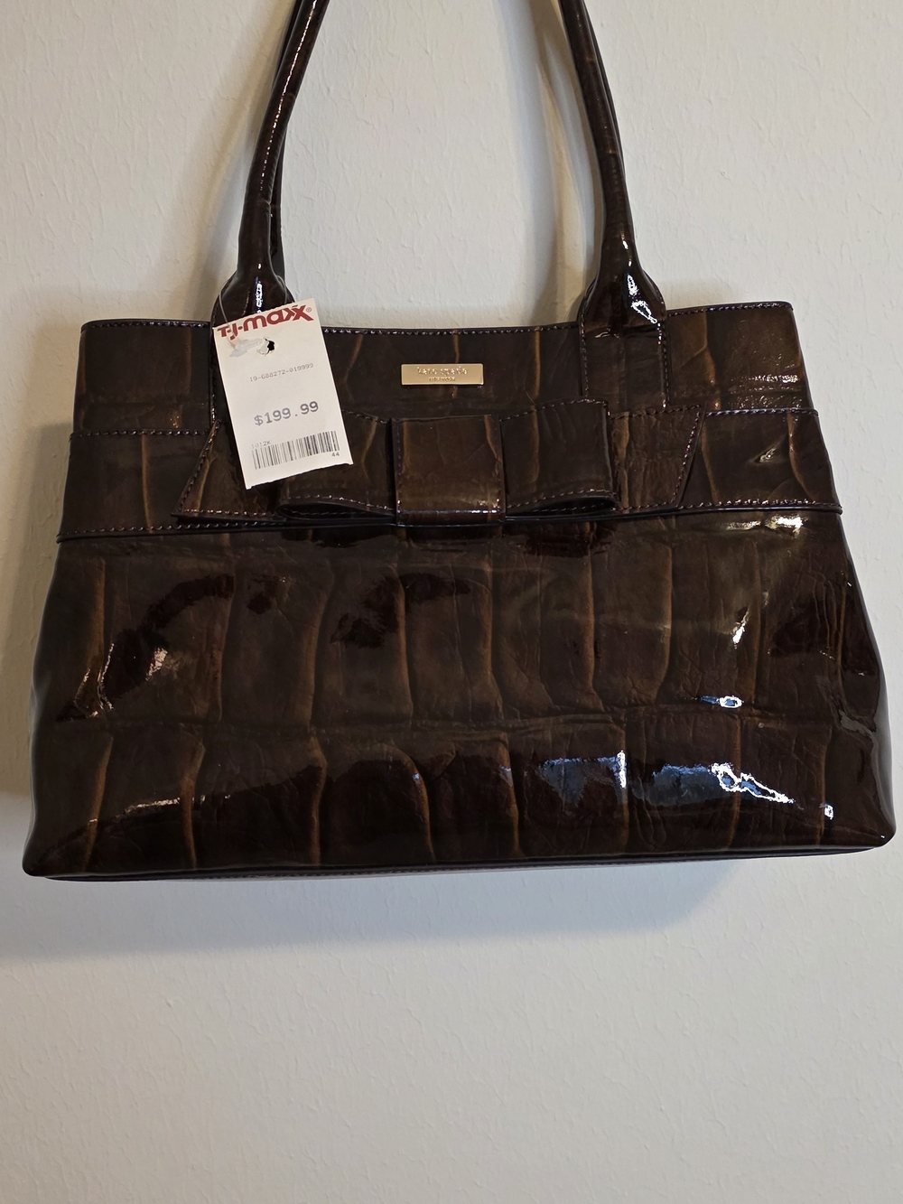 kate spade Brown Croc-Embossed Patent Tote with Front Bow